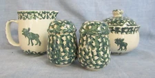 FOLK CRAFT MOOSE COUNTRY 4 PC SET SUGAR & LID. CREAMER, SALT AND PEPPER SHAKERS
