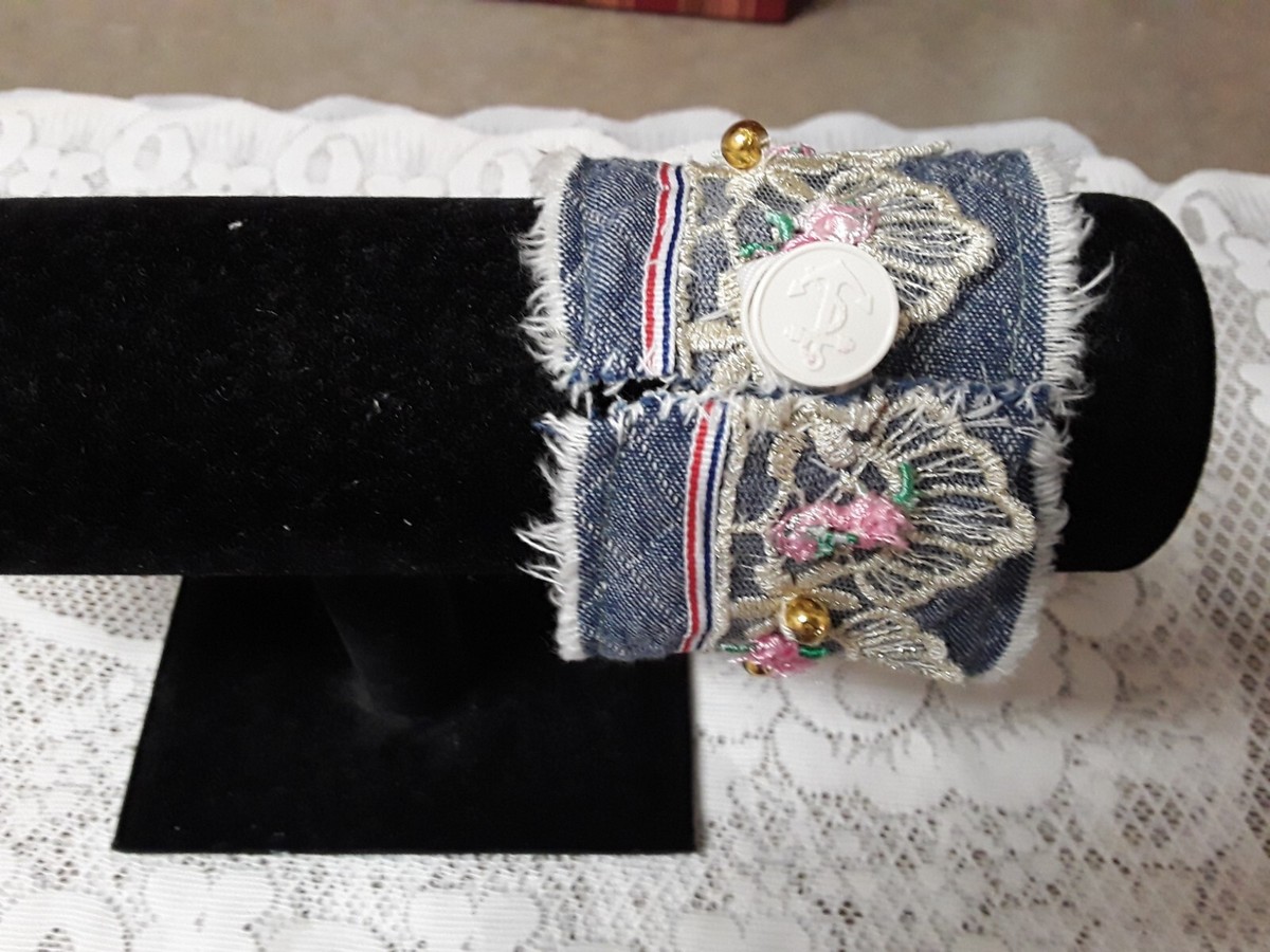 COPY - Blue Denim Fringe Bracelet with Silver Leather adorn with a Silver Ball Dark Blue Jeans Men main image 2
