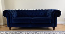 2x Chesterfield Blue Velvet Buttonback 3 seater Sofa