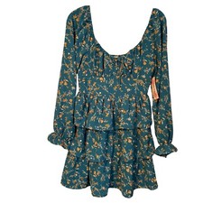 Womens Tiered Floral Teal Long-Sleeve Mini Dress By Red Hearts Polyester Size L