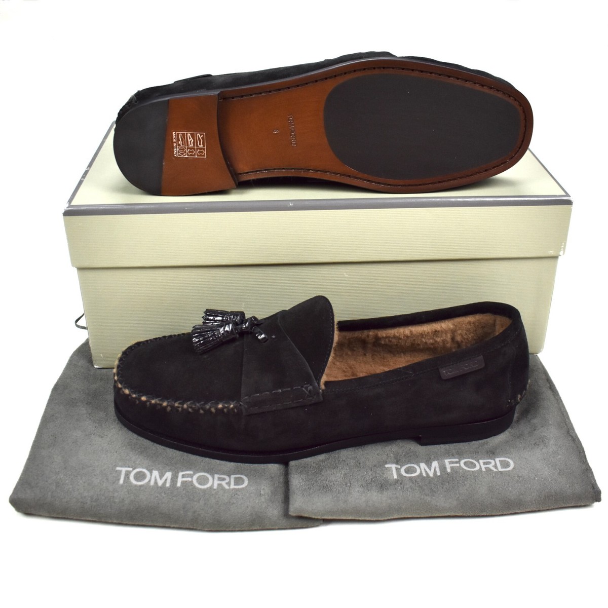 NWT $1290 TOM FORD Genuine Shearling Fur Tassel Loafers Mens 8 UK 