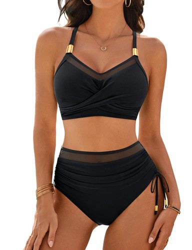 Women High Waisted Bikini Sets Tummy Control Bathing Suit Drawstring Metal Tw...