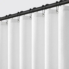 Waffle Weave Fabric Shower Bath Curtain with 12 Metal Hooks Heavy Duty Washab...