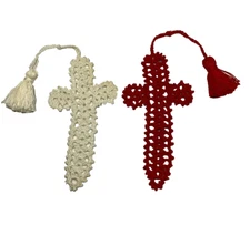 2 Crocheted Red & White Cross Bookmarks Pre-Owned