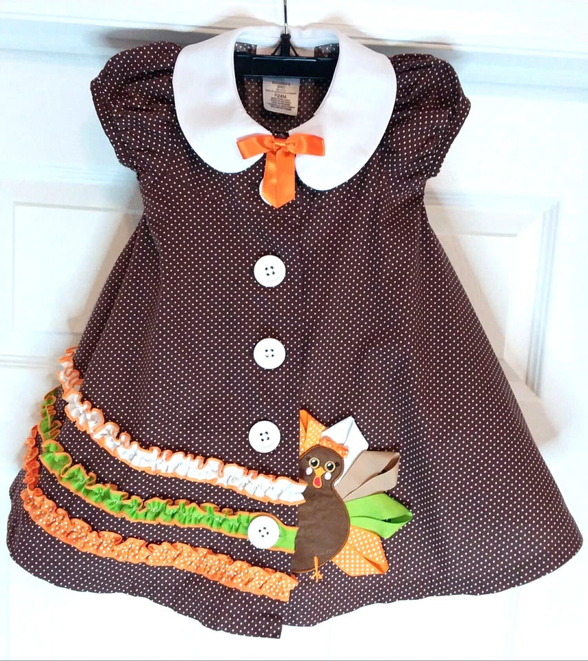 Conjunto de Vestido Swing Bonnie Jean Baby Girl's Thanksgiving Turkey Applique-Tamanho-24M - Imagem 4 de 4