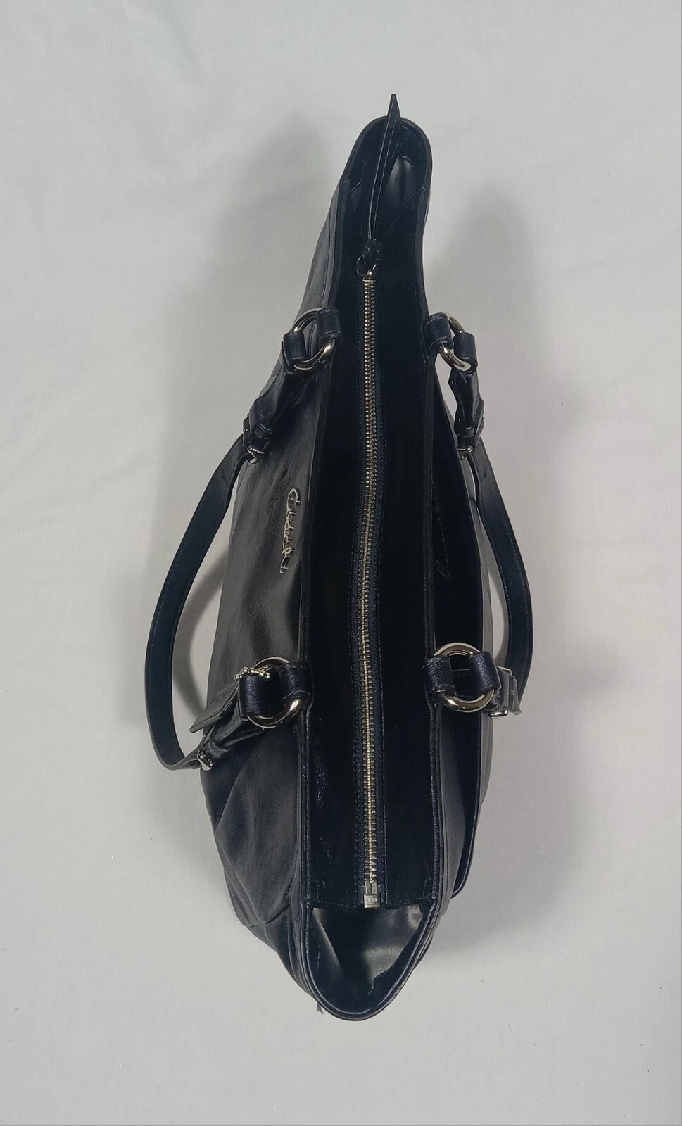 Bellissima borsa borsa Coach in pelle grande con zip blu metallizzato e marsupio marrone