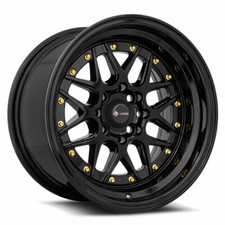 1 15x8 Vors Vr7 4x98 0 All Black Gold Rivet Wheel