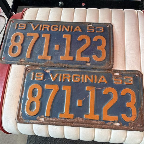 1953 Virginia License Plates Pair 871-123 Matching Set