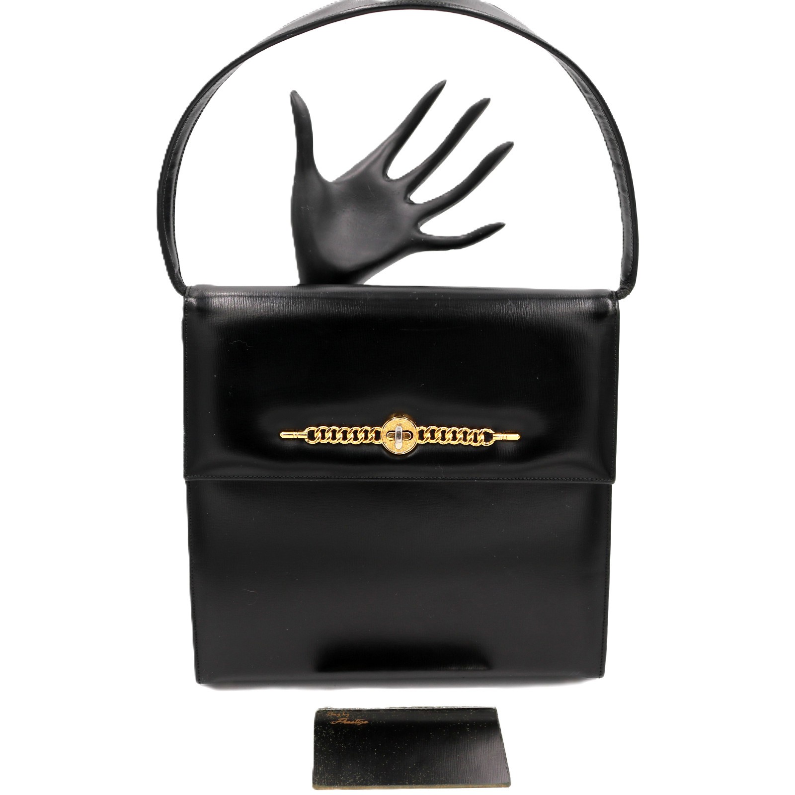 Vintage 50s-60s - PRESTIGE - Black Leather Handbag-  Mid Century Modern -