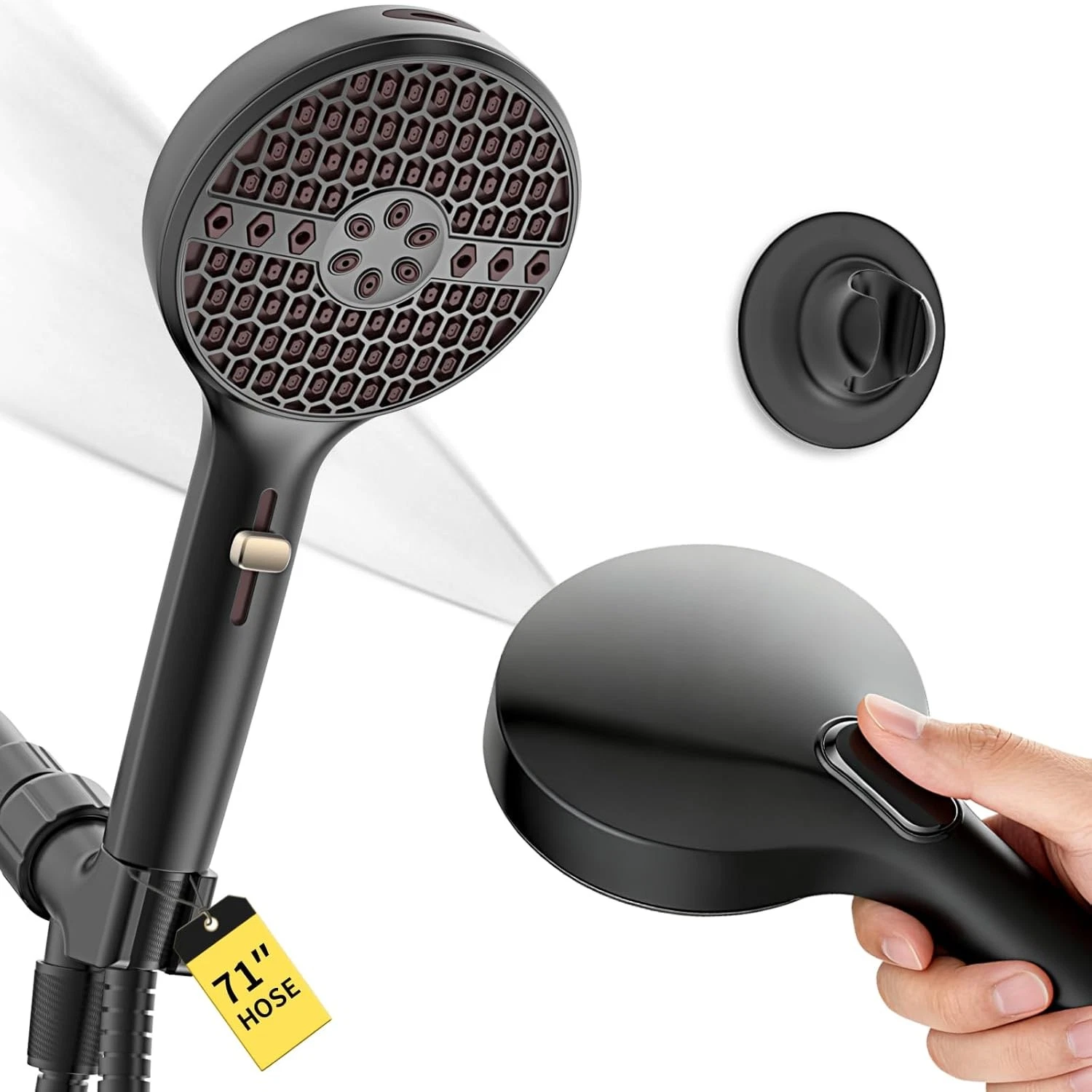 High Pressure Handheld Shower Head 9 Spray Modes Power Wash 71" Hose Matte Black
