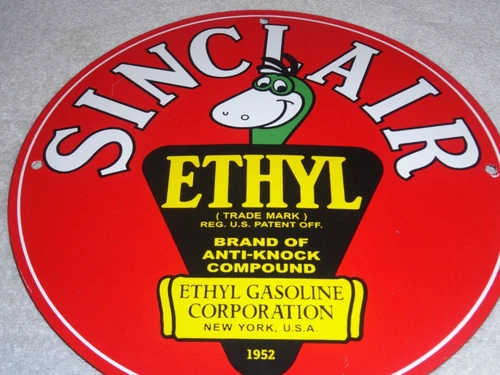 VINTAGE 1952 SINCLAIR ETHYL GASOLINE+ DINOSAUR 11 3/4"" PORCELAIN METAL OIL SIGN
