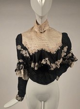 EARLY EDWARDIAN BLACK SILK BODICE W WHITE FLORAL  BELL ELBOW DETAILING