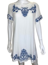 Lulus Dress Womens XL White Blue Embroidered Short Sleeve A-Line Back Zip