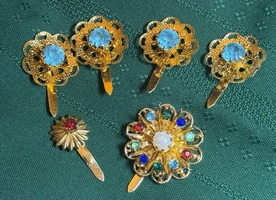 Vintage Filigree Gold Tone Festive Hair Pins / Adornments With Faux Stones