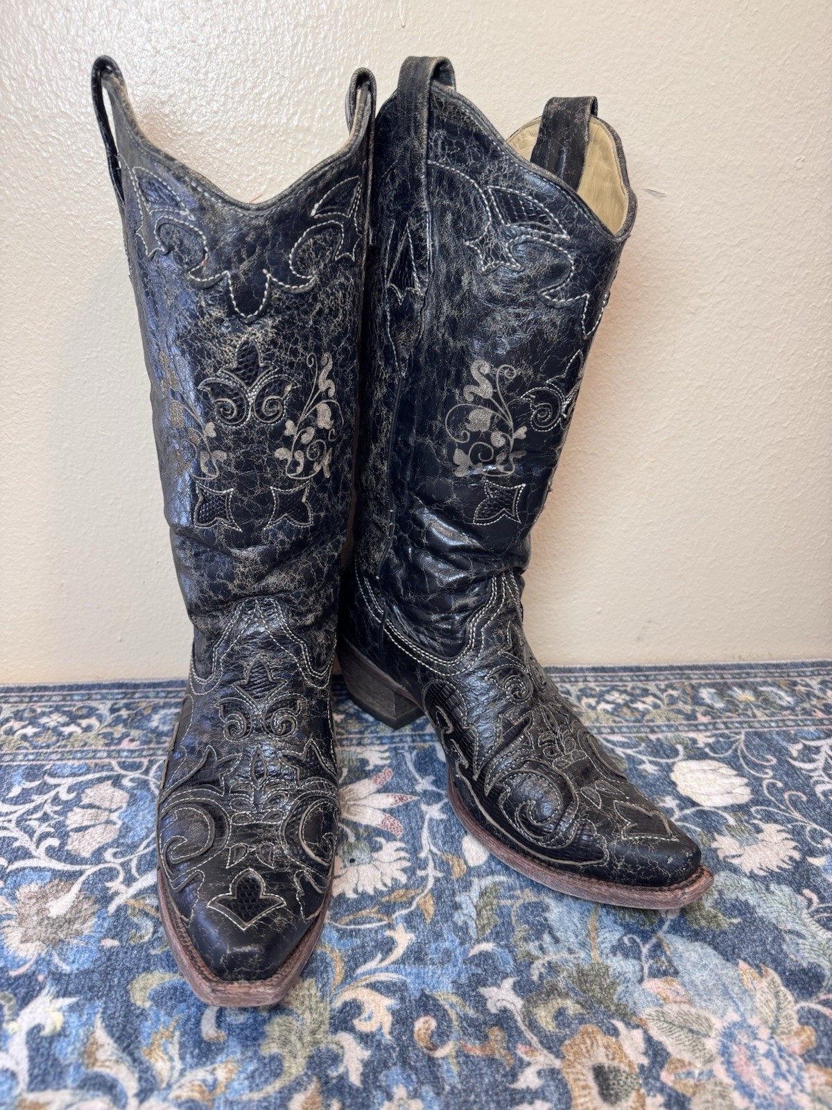 Corral Vintage Black Lizard Inlay embroidered poi… - image 1