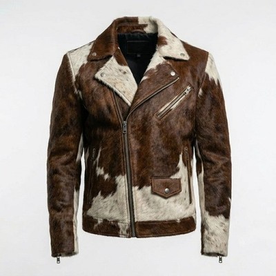 Men's Western Cowhide Leather Jacket Real Hair-On Pony Skin Stylish Trucker Coat