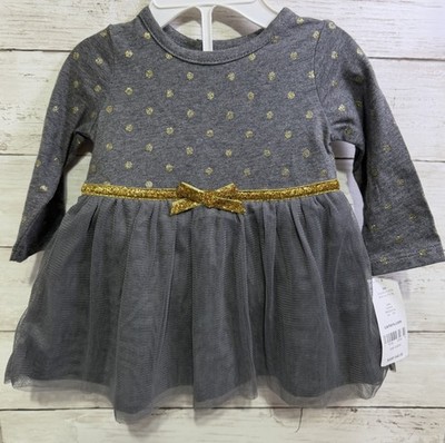 Carters Toddler Girls Gray And Gold Polka Dot Dress. 2 Pieces 3 Mth (N12)