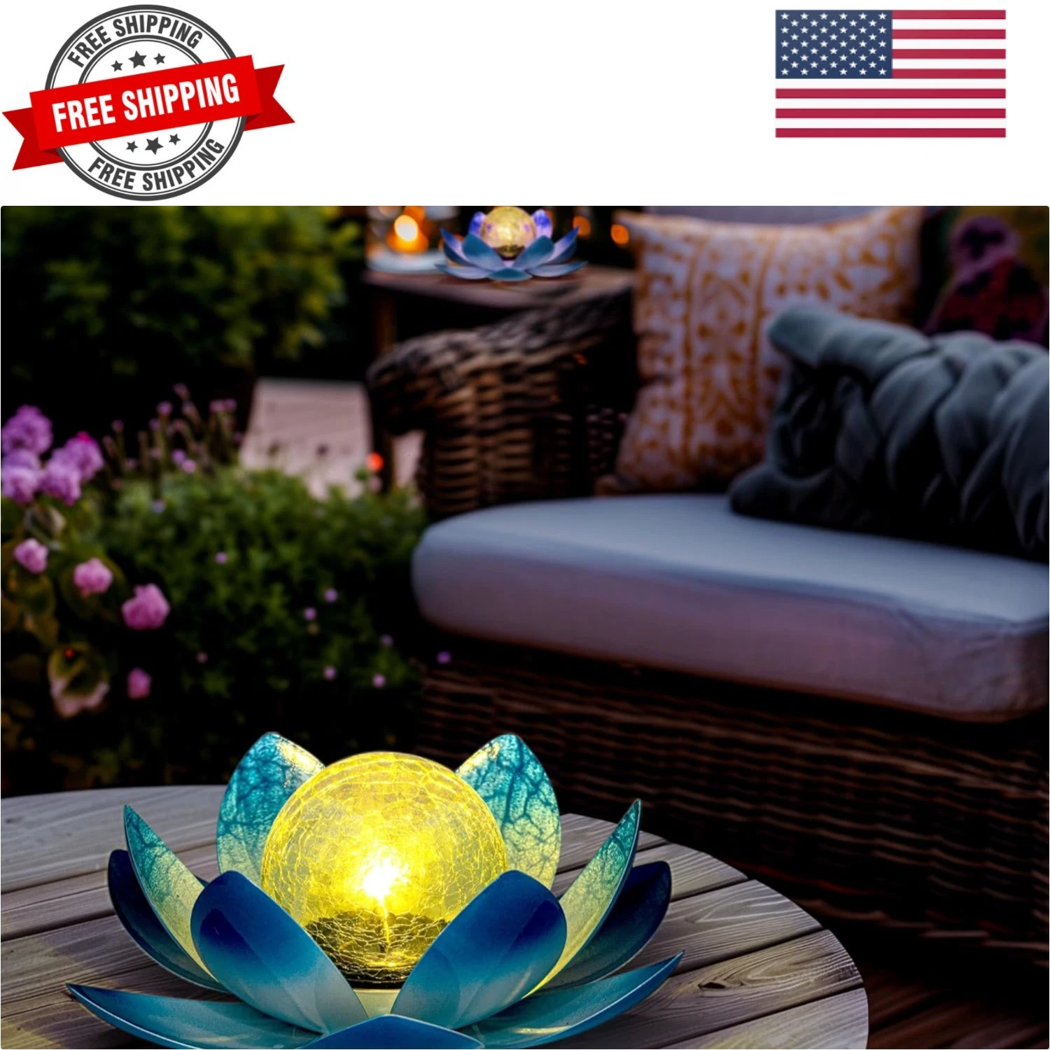 Solar Light Outdoor Garden Decor, Lotus Flower Light Crackle Globe Glass Lant...