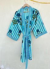 Handmade Turquise Floral Cotton Robe Short Kimono Sleepwear Night Kimono Robe US