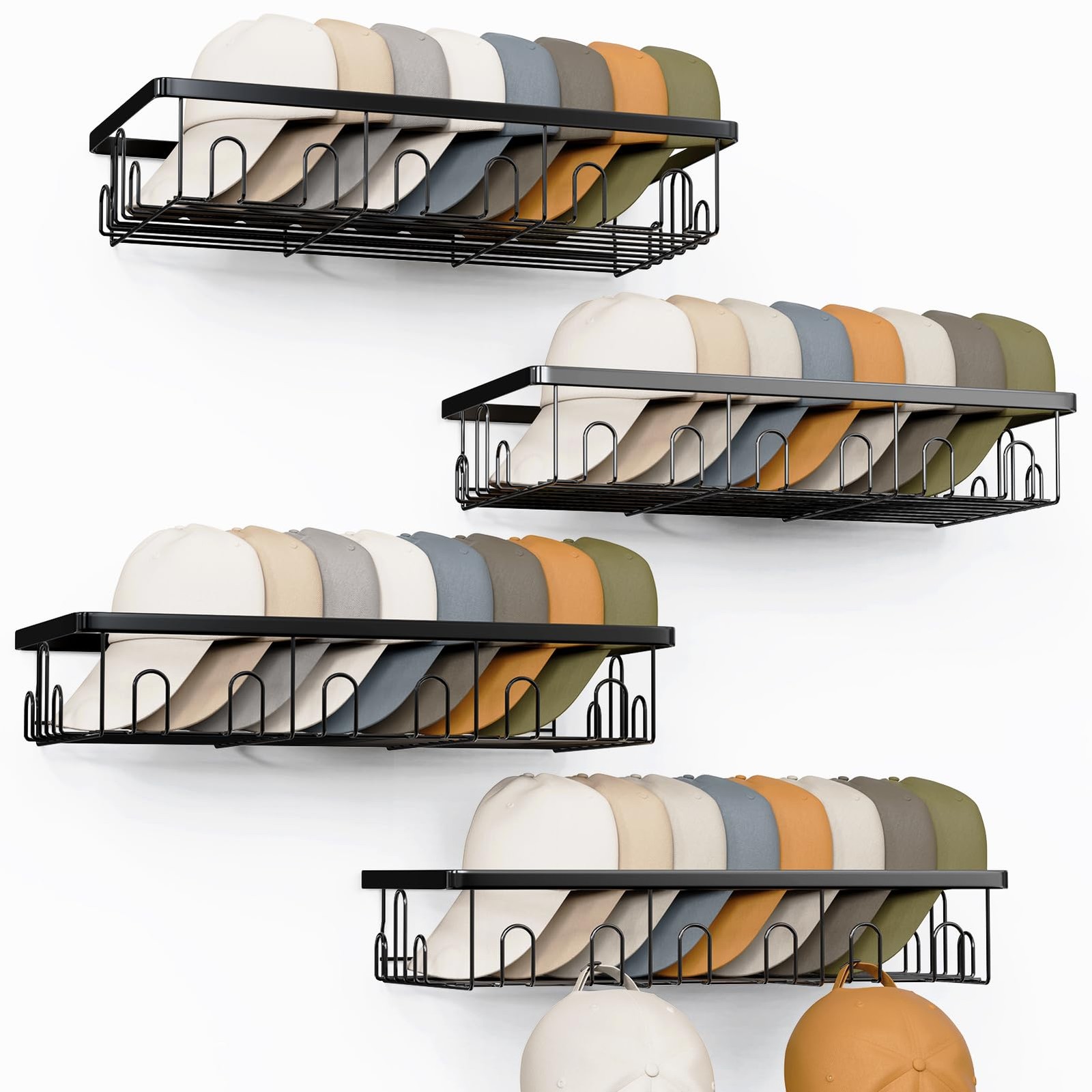 4 Pack Hat Rack for Wall Holds 112 Caps Hat Organizer for Wall Mounted Hat Ho...