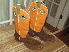 JUSTIN MEN'S 9.5 D BILLET BROWN Orange SQUARE TOE WESTERN COWBOY BOOTS JP2504