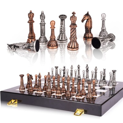 Retro Metal Chess Set for Adults and Kids - Marbling Chess Board with Chess Piec
