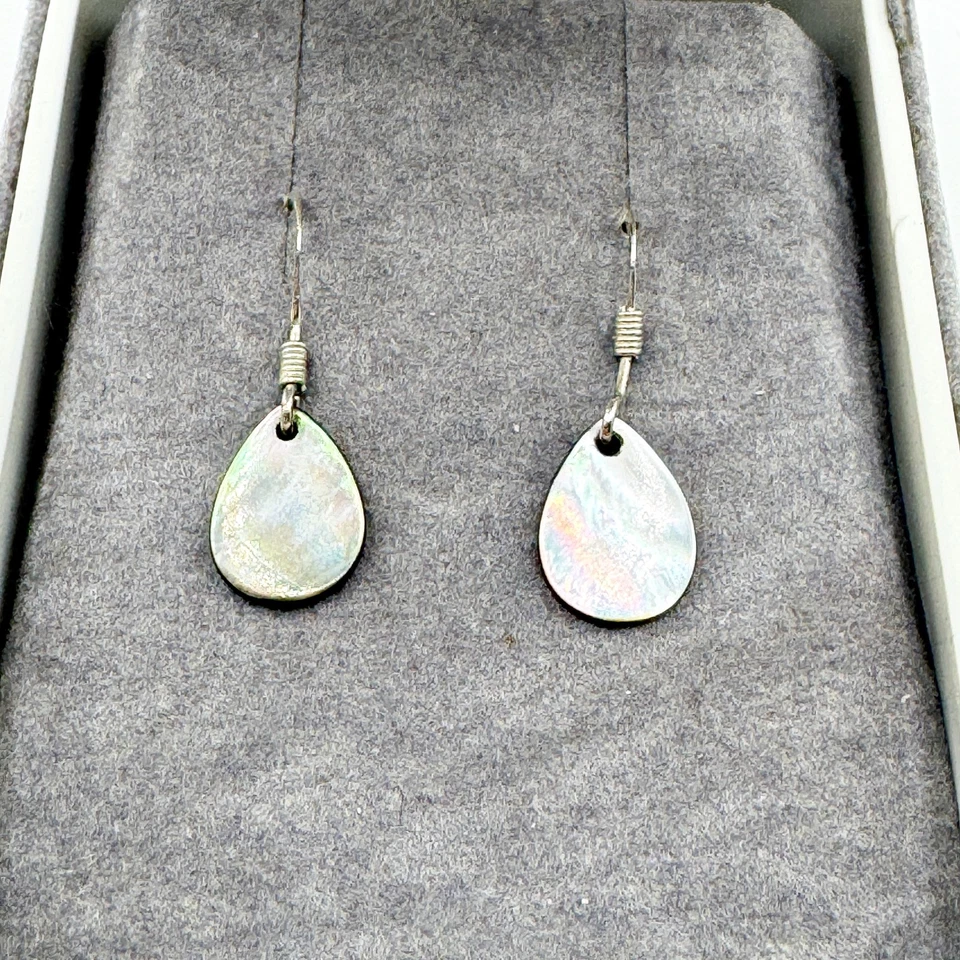 Vintage Abalone Teardrop Hook Dangle Drop Earrings Paua Shell Silver Tone - Image 2 of 4