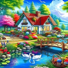 Colorful Cottage  Swan Garden Diamond Art Kit, Full Drill Crystal Diamond Paint