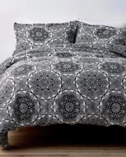 3pc Company Store Legends Hotel Medallion 100% Linen Q Duvet Cover & K Shams Set