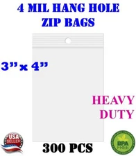 300 - 3" x 4" Zip Seal Reclosable 4Mil Top Lock Bags Hang Hole Heavy Duty