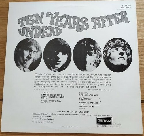 TEN YEARS AFTER Vinyl LP UNDEAD SML 1023 Deram 1968 EX/EX - Picture 2 of 3