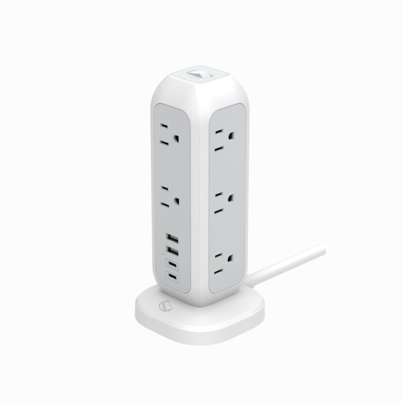 [White Lunar] Power Strip Tower, 4 USB Ports (2 USB-A, 2 USB Type-C), Surge P...