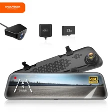 WOLFBOX 4K 12" Mirror Dash Cam WDR Backup Camera With Free SD Card, Night Vision