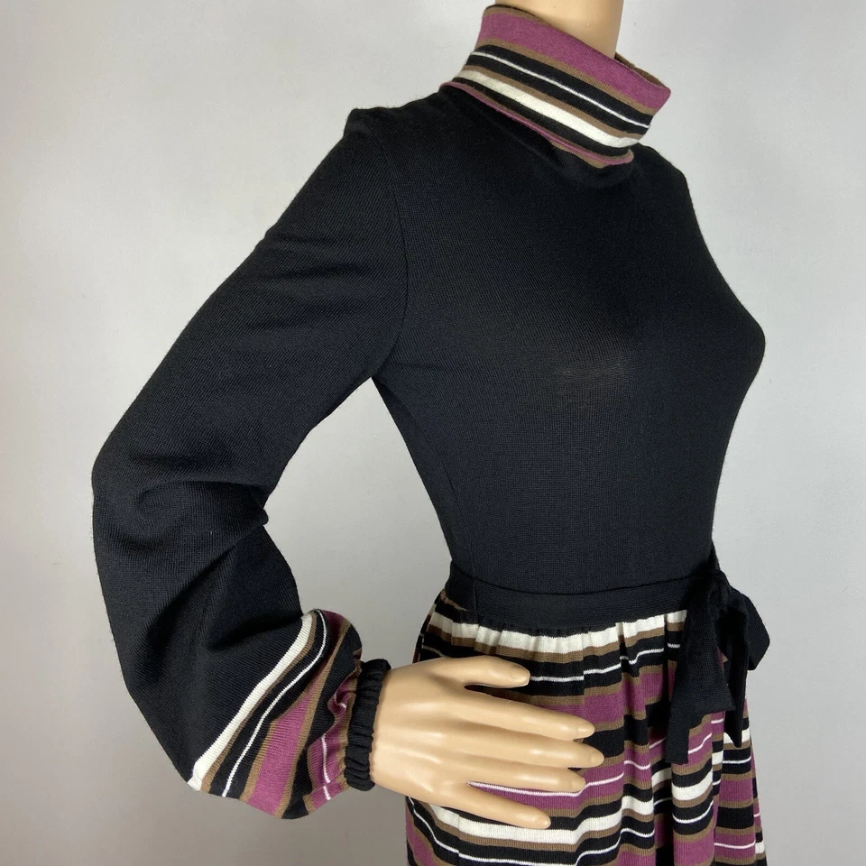 Vestido Suéter de Lana Tejido Sears Años 70 De Colección Talla S - M Cuello Alto Rayas Cinturón Modesto Foto 3 de 4