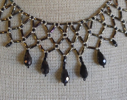 Netted Weave Adjustable Beaded Choker Necklace w Drop Beads Bronze Silver Black - Picture 10 of 11