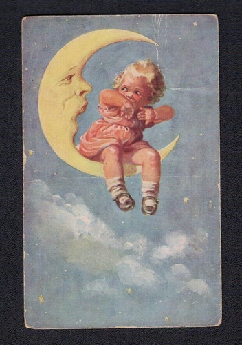 Paper Moon Scowling Man in the Moon Scared Child Vintage Fantasy Postcard