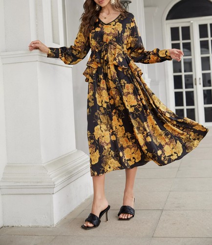 Maya Antonia Fall Dress Black/Gold Yellow Loose-Flowy Midi/Maxi Dress/Pockets - Picture 5 of 6