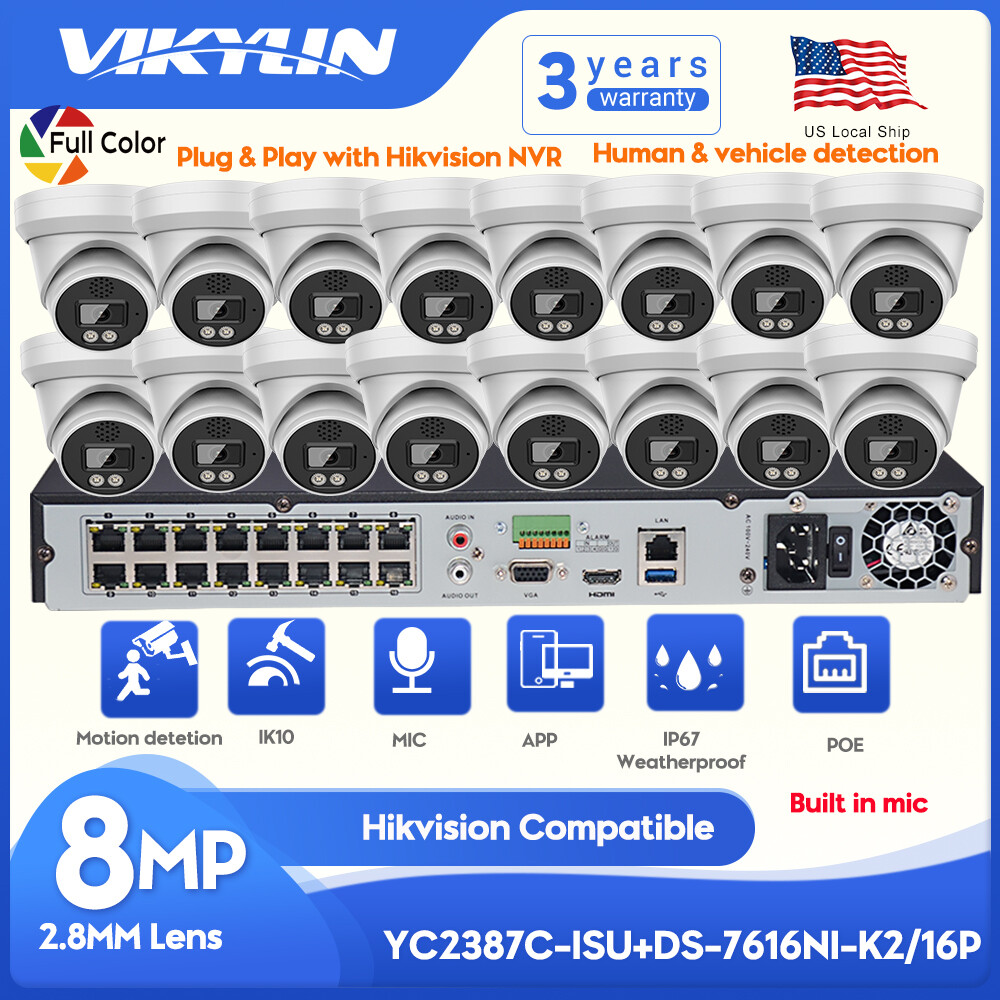 Lote de audio bidireccional compatible con Hikvision 4K 8CH 8POE NVR 8MP ColorVu IP cámara PoE EE. UU.