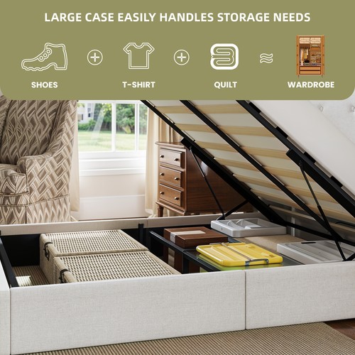 Hydraulic Queen Bed Frame Beige Linen Upholstered Headboard Built In Charging - Picture 4 of 11