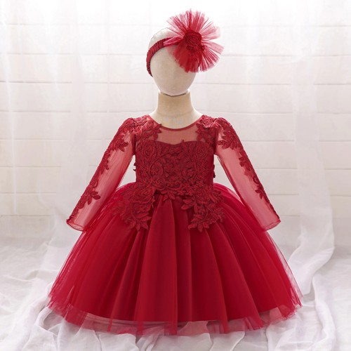 Long Sleeve Girls Party Dress Lace Baptism Costume Birthday Dress Kids Prom Gown