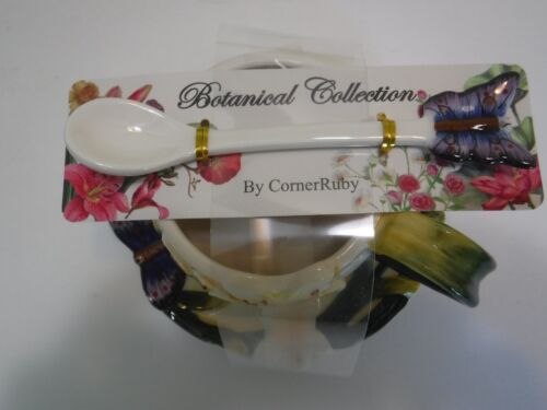 Botanical Collection By CornerRuby 3 Piece Tea Cup Saucer Spoon With Butterfly - Picture 2 of 3