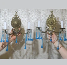 2 Vintage crystal Sconce bronze brass  lamp chandelier Aqua Blue opaline prisms