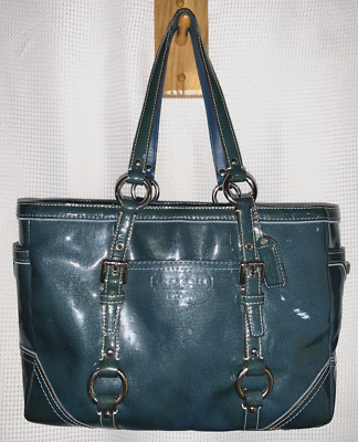 Vtg Coach TEAL Blue Green Gallery Patent Leather Shoulder Tote