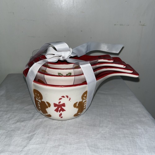 NEW 4 Red/White Gingerbread Man Ceramic Measuring Cups Grace’s Bake Shop