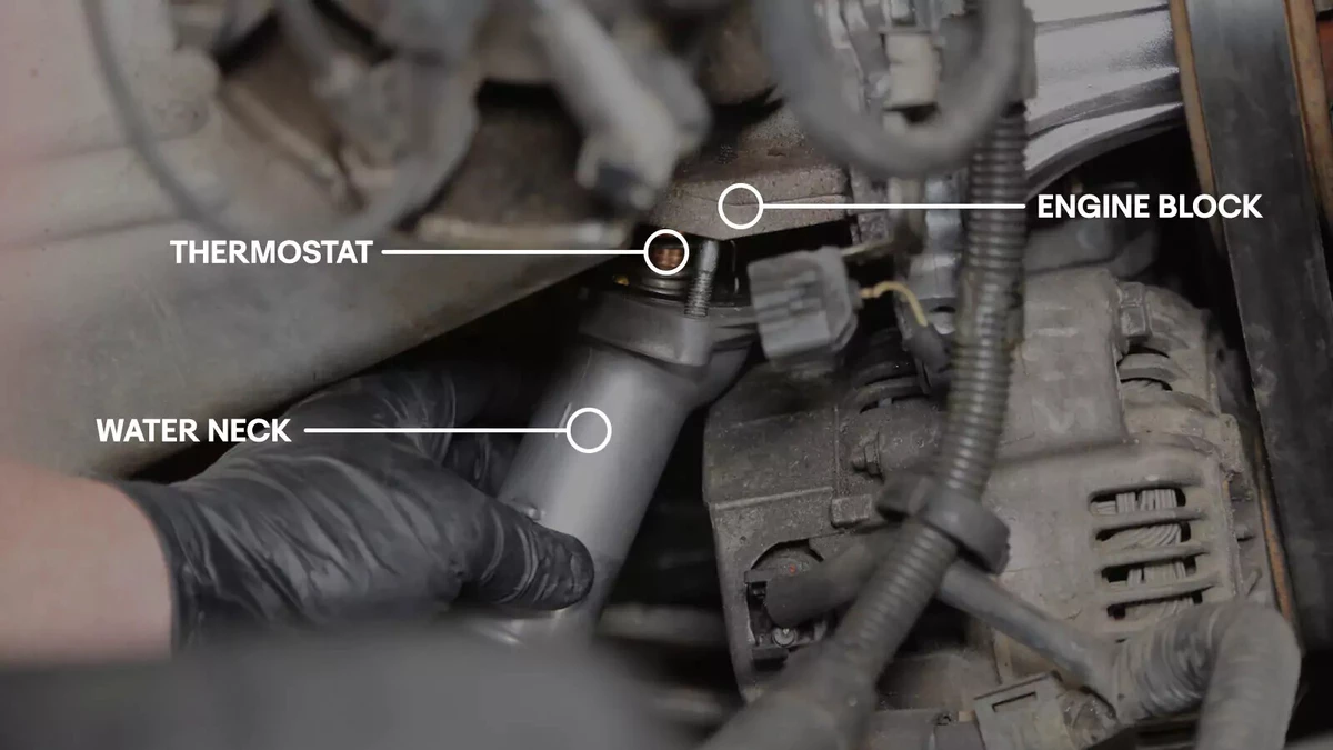 Arrows pointing to thermostat components on an engine block.