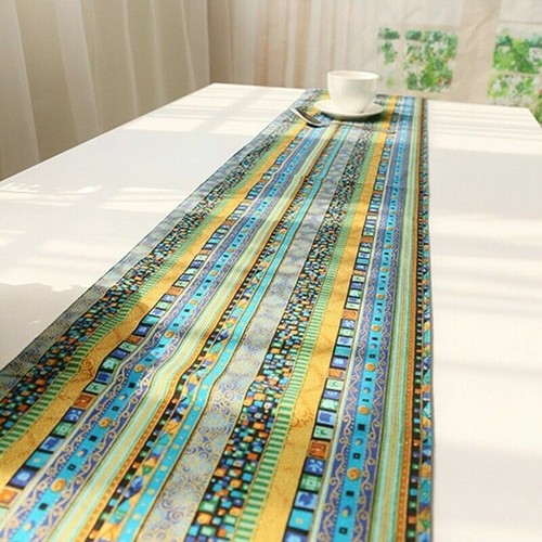 Ethnic Table Runner Boho Tasseled Edges Tablecloth Cotton Linen Table Cover Blue - Picture 12 of 16