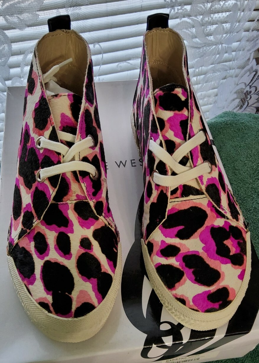 Sneakers stringate US 5 Nine West Optics espadrillas pony nere rosa caldo e bianche