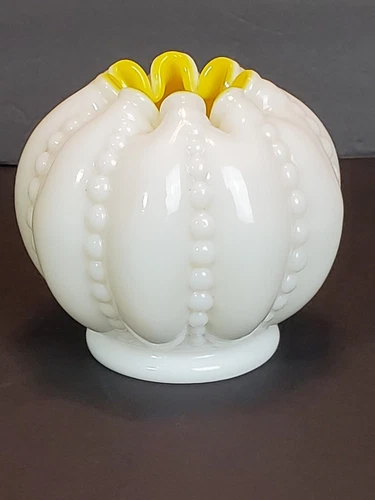 Vintaged Fenton Yellow Overlay Beaded Melon Rose Bowl Vase