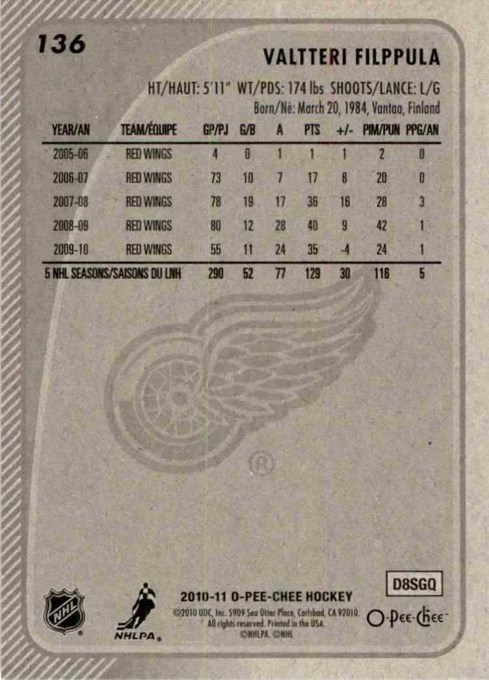 2010-11 O-Pee-Chee Valtteri Filppula #136 - Image 2 of 2