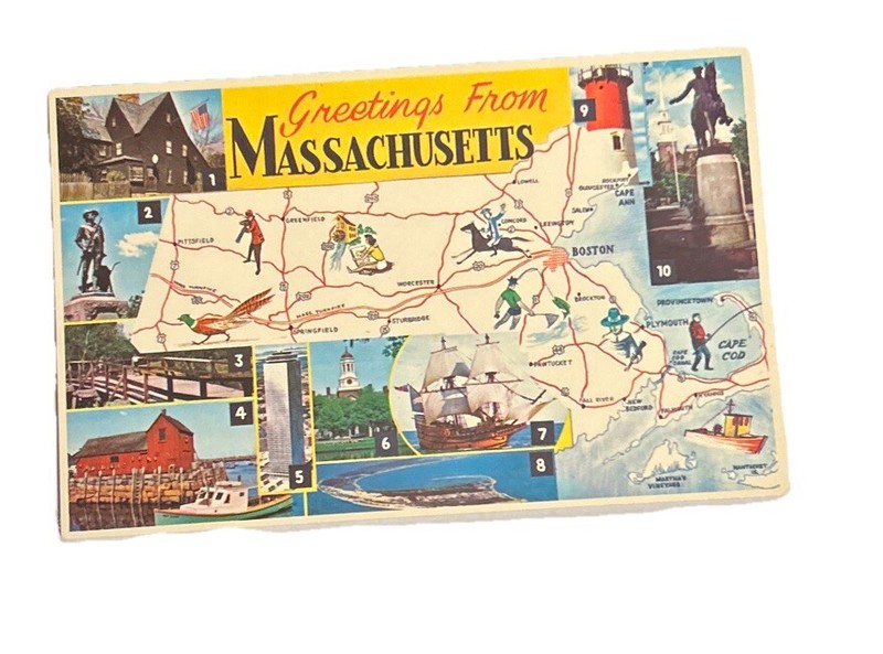 Greetings from Massachusetts Map Card Tourist Attractions Postcard Unposted